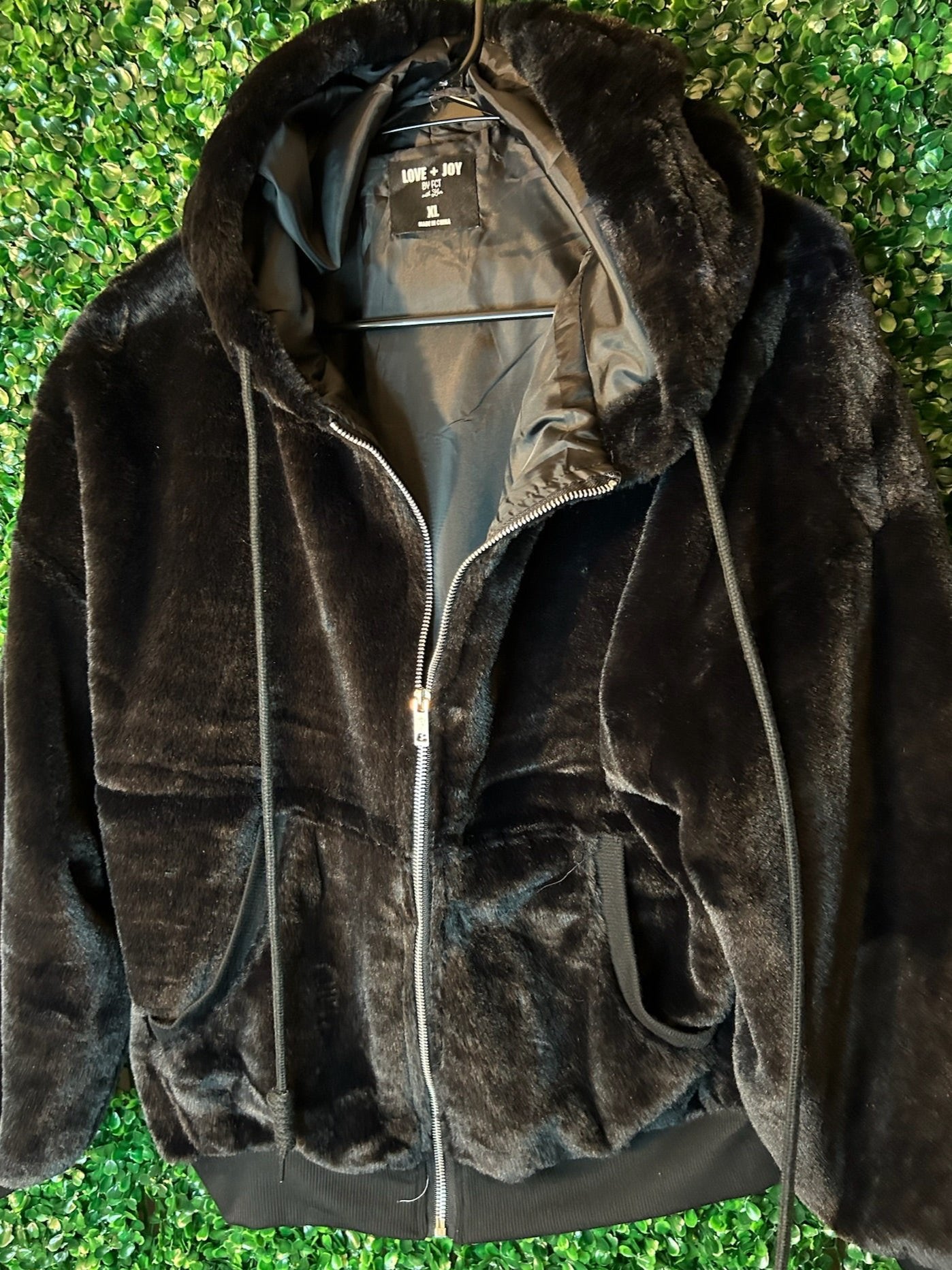 Love + Joy Black Faux Fur Jacket w/ Hood